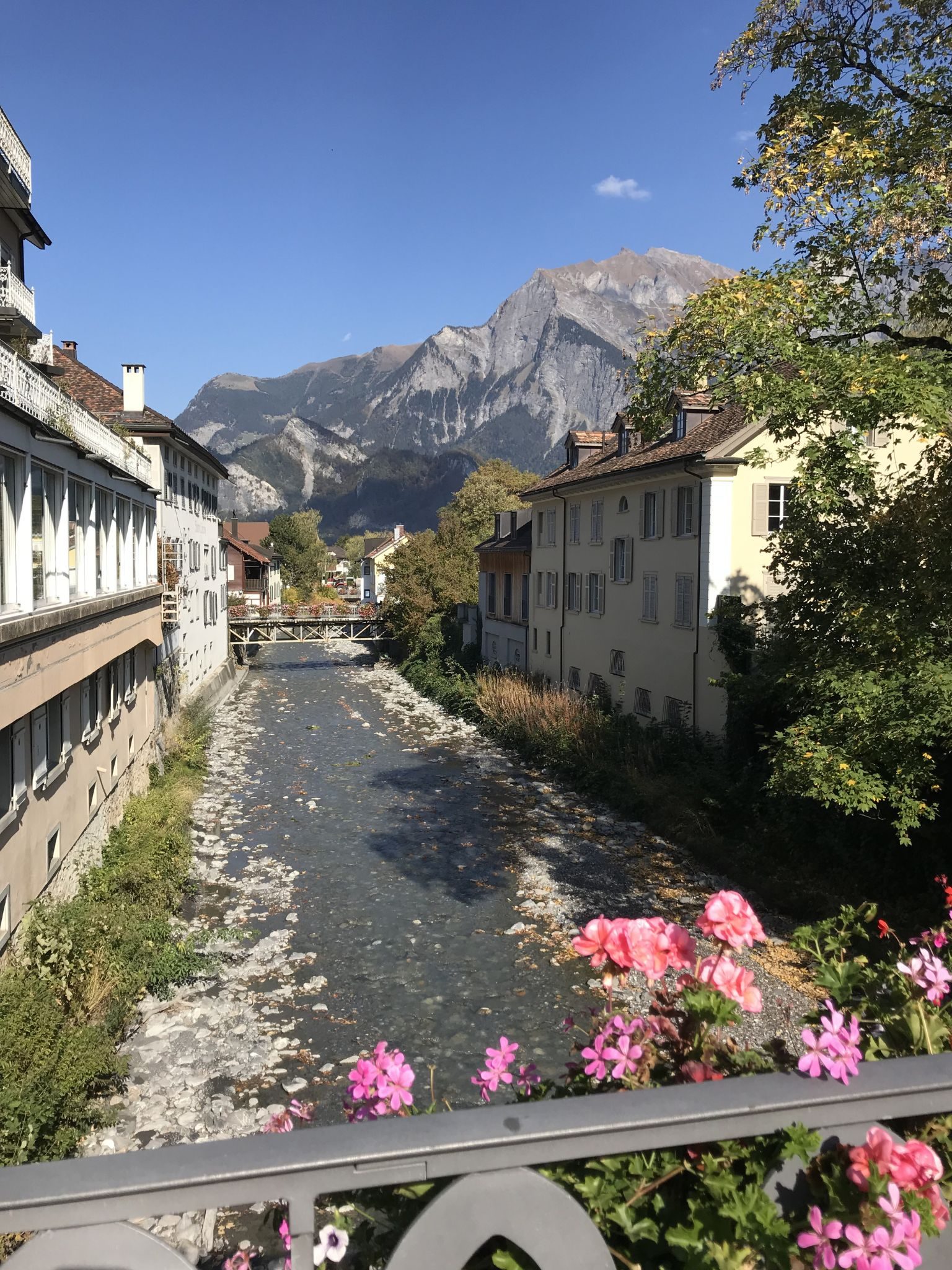 Historic houses and a footbridge over a stony riverbed in Bad Ragaz, with the Swiss Alps beyond. Ulana Rey PharmD