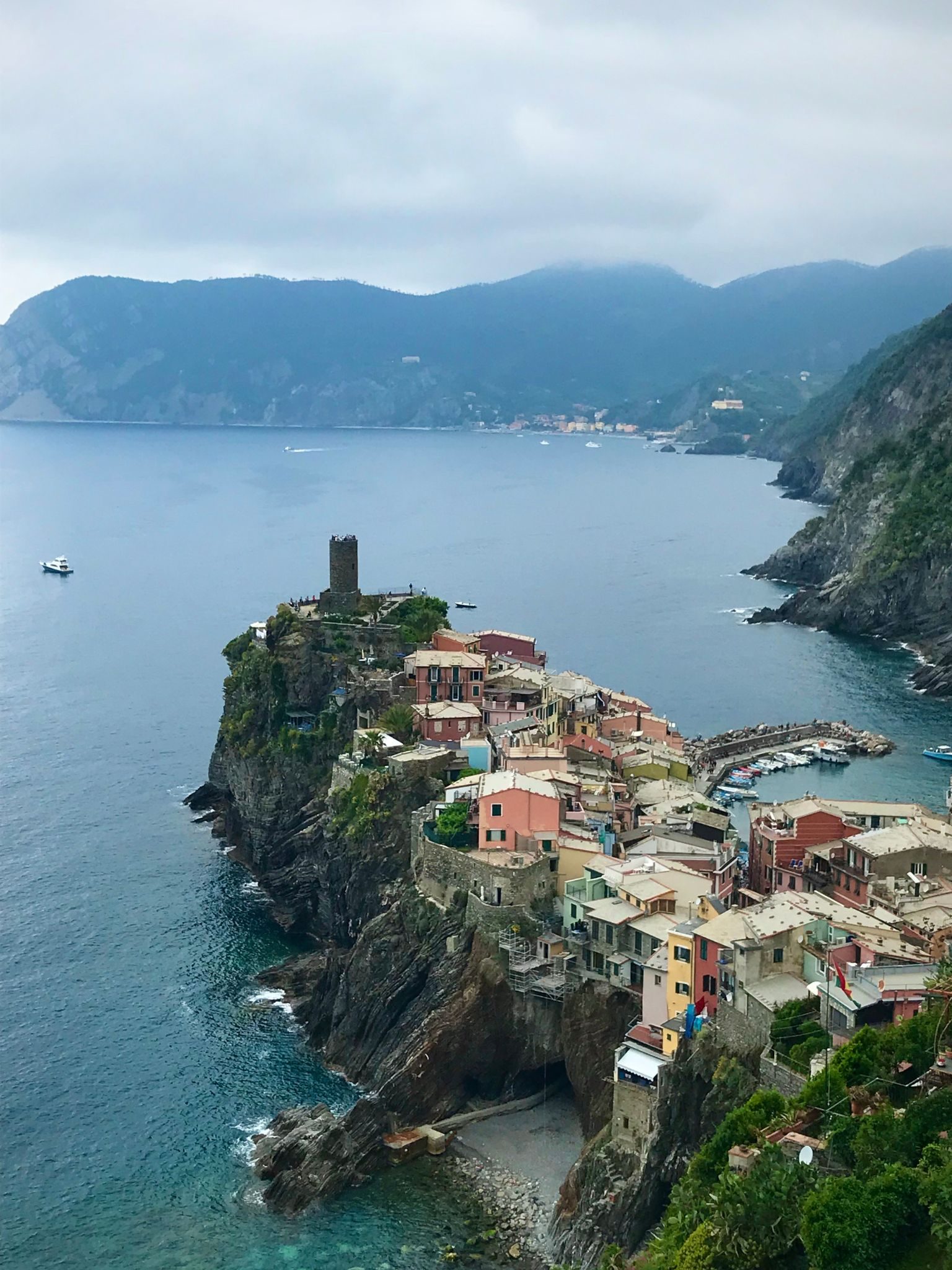 Colorful houses of Vernazza on a rocky point above the sea in Cinque Terre. Ulana Rey PharmD